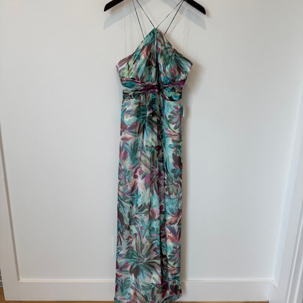 Aidan Mattox Halter Neck Floral Sheer Organza Maxi Dress Gown NWT Size 10
